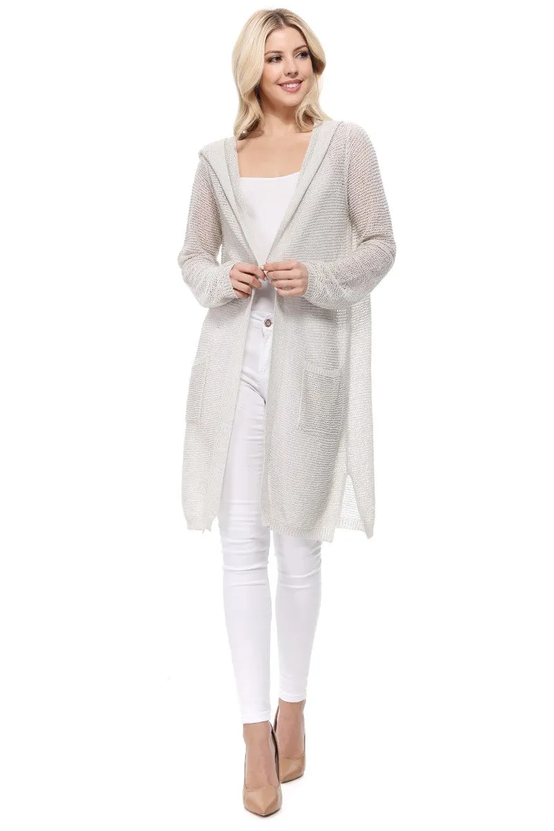 Yemak Women's Long Sleeve Open Front Knit Long Sweater Summer Cardigan with Pockets and Hoodie HK8266