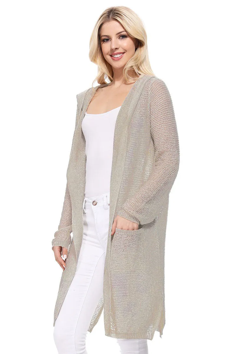 Yemak Women's Long Sleeve Open Front Knit Long Sweater Summer Cardigan with Pockets and Hoodie HK8266